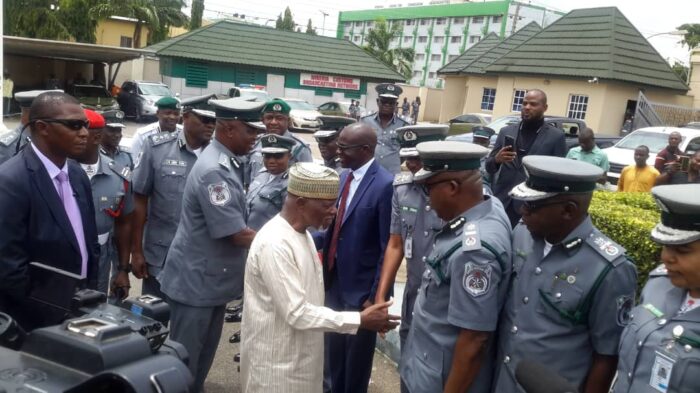 Acting C-G of Customs Wale Adeniyi and outgoing C-G, retired Col. Hameed Ali with other senior personnel of the service