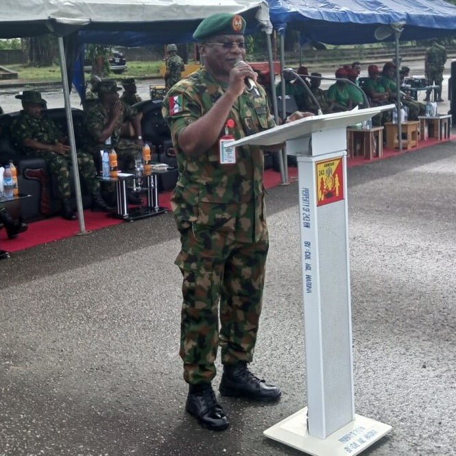 Brig. Gen. N J Edet, the Commander, 9 Brigade of Nigerian Army addressing the soldiers during the opening ceremony of 81 Division Inter-Brigade Warrant Officers and Senior Non-commissioned Officers Compétition at 243 Recce Battalion Barracks, Ibereko, Badagry on Monday