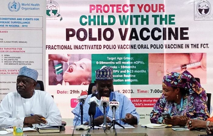 From L-R: The Executive Secretary, FCT Primary Health Care Board, Dr Isah Vatsa; acting Secretary, Health and Human Services Secretariat, FCTA, Mr Malan Haruna; and WHO Coordinator, Integrated Health Service Delivery in the FCT, Dr Kumshida Balami, during a press conference to announce the commencement of polio immunisation in the FCT on Friday