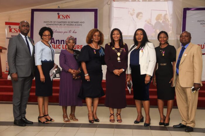 L-R Mr. Francis Olawale, FCIS, Hon. Treasurer, ICSAN, Mrs.Yinka Olaleye, Director of Administration and General Services, Office of Governor Oyo State. Alhaja Faosat Oluokun,ACIS, permanent Secretary Oyo State Civil Service Commission, Mrs. Uto Ukpanah, FCIS, Vice President, ICSAN, Mrs. Funmi Ekundayo, FCIS, 29th President and Chairman of Council, ICSAN, Mrs. Lynda Onefeli, FCIS, Chairman, Publicity and Advocacy Committee, ICSAN, Ms. Oladunni Ogunsulire, FCIS, Head of Secretariat and Mr. Samuel Ilori, ACIS, Oyo State Chapter Chairman at the 2023 Annual Public Lecture in Oyo State on Thursday 20th July; 2023