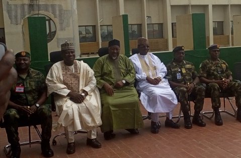 The Minister of Defence, Alhaji Muhammed Badaru, his State counterpart, Dr Bello Matawalle, Permanent Secretary in the ministry, Dr Ibrahim Kana, and Service Chiefs, during the ministers’ assumption of office in Abuja on Tuesday