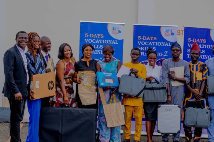 High-flyers of the vocational skills training with the start-up packs provided by the Alliance to enable them commence their businesses (Picture from the Ibadan event)