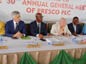 L-R: Jan Van Eykeren, Director; Patrick Uwadia, Company Secretary; Mr Jean Van Gysel, chairman; and Mr Felix Nwabuko, Managing Director at Presco’s AGM on Friday.