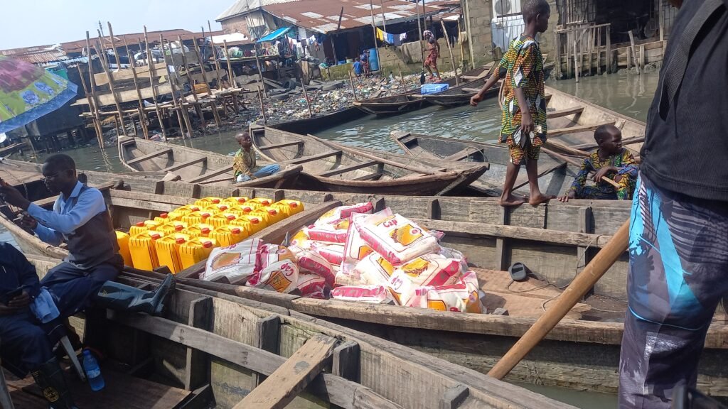 Some food items distributed to residents of Makoko , Lagos State,by the Minister of Humanitarian Affairs and Poverty Alleviation, Dr Betta Edu on Saturday, Sept. 30, 2023
