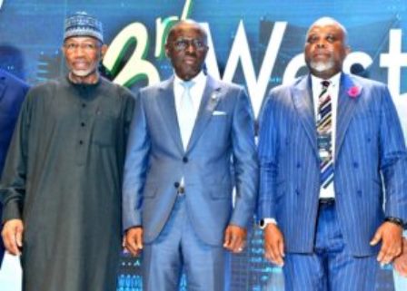 L-R: Director General, Securities and Exchange Commission, Nigeria/Chairman, West Africa Securities Regulators Association, Mr Lamido Yuguda, Governor of Lagos State, Mr Babajide Sanwo-Olu and Special Adviser to the President on Economic Matters (Office of the Vice President), Mr Tope Fasua during the opening of the 3rd West Africa Capital Market Conference, themed “Infrastructure Deficit and the Sustainable Financing in an Integrated West Africa Capital Market”, at the Eko Hotels and Suites, Victoria Island, Lagos, on Wednesday, Oct. 25, 2023