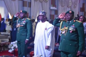 L-R: Chief of Defence Staff, Gen. Christopher Musa; National Security Adviser (NSA) Nuhu Ribadu and Chief of Defence Intelligence (CDI), Maj.-Gen. Emmanuel Undiandeye, at the opening of the Chief of Defence Intelligence Annual Conference 2023 in Abuja on Monday (13/11/23)