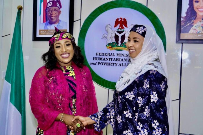 Halima Shehu, the National Coordinator, National Social Investment Programme Agency (N-SIPA)(right) during her visit to Minister of Humanitarian Affairs and Poverty Alleviation Dr Betta Edu in Abuja