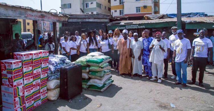 The founder, B.N. Peters Foundation, Bibiana Peters, alongside the Chairman, Leprosy Association, Lagos State, Sarki Abubakar Dikko; Chairman, Cripple Association, Sarki Ahmadu Gaya and Chairman, Blind Association, at the home of the destitute in Yaba-Oyingbo, Lagos State. (Photo Credit: NAN)