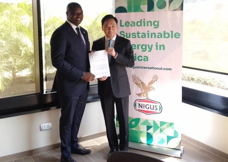 HRH Malik Ado Ibrahim, CEO and Chairman, NIGUS International (Left) and Mr Yung Ruming, CEO, Beijing Zhogmin Xinjunlong New Energy Technology Co. Ltd after the $1bn deal signing on flare gas solutions