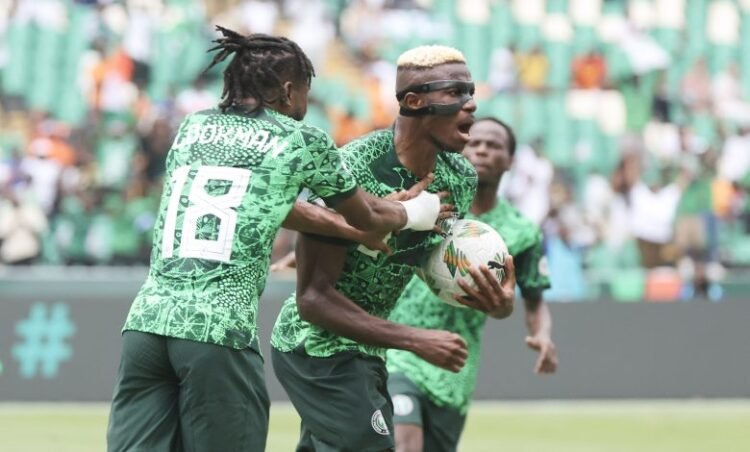 Super Eagles players celebrate a goal against Equatorial Guinea at the 2023 AFCON in Cote d’Ivoire