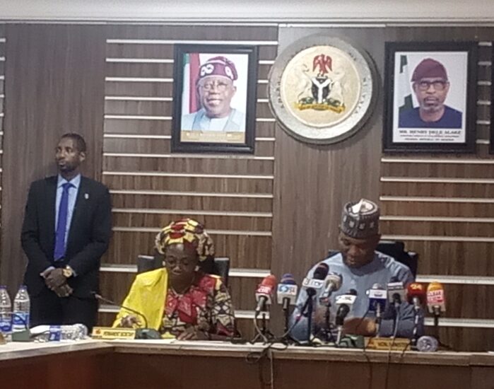 The Minister of Steel Development, Prince Shuaibu Audu (right) and Dr Mary Ogbe, the Permanent Secretary overseeing the Ministries of Solid Minerals and Steel Development, at a media parley organised by Ministry of Steel Development in Abuja