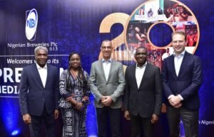 L-R: Marketing Director, Nigerian Breweries Plc, Emmanuel Oriakhi; Corporate Affairs Director, NB Plc, Sade Morgan; Managing Director, NB Plc, Hans Essaadi; Company Secretary/Legal Director, NB Plc, Uaboi Agbebaku, and Finance Director, NB Plc, Ben Wessels Boer during the 78th Pre-Annual General Meeting Media Briefing of Nigerian Breweries Plc held in Lagos on Wednesday