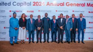 L-R: Oladipupo Fatokun - Independent, Nonuplpm-Executive Director, United Capital Plc, Rose Eshiett - Non-Executive Director, United Capital Plc, Emmanuel Nnorom, Non-Executive Director, United Capital Plc, Peter Ashade - Group CEO, United Capital Plc, Chika Mordi - Chairman Board of Directors, United Capital Plc, Sunny Anene - Group Deputy CEO, United Capital Plc, Leo Okafor, Company Secretary/Group Counsel, United Capital Plc, Ayodeji Adigun - Chief Operating Officer/ Executive Director, Chiugo Ndubisi - Non-Executive Director, United Capital Plc, Sam Nwanze - Non-Executive Director, United Capital Plc.