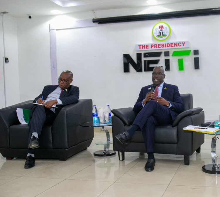 L-R: Dr Orji Ogbonnaya Orji, Executive Secretary, Nigeria Extractive Industries Transparency Initiative (NEITI) and the Commission Chief Executive (CCE), Nigeria Upstream Petroleum Regulatory Commission (NUPRC), Mr Gbenga Komolafe at the maiden edition of NEITI House Policy Dialogue