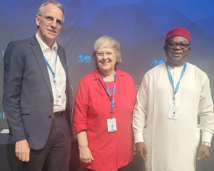 L-R: Hon Stephan Wenzel, Parliamentary Secretary, German Bundestag; Hon. Baerbel Hoehn, former member of German Bundestag and currently, Special Representative for Decentralised Energy for the Global South and Rep. Sam Onuigbo, Member (South-East) Governing Board, and Chairman, Committee on Security, Climate Change and Special Interventions of North-East Development Commission, at the 2024 IRENA Legislators Forum at Abụ Dhabi, UAE