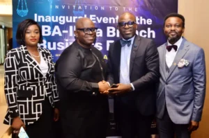 L-R: Chairman, Nigerian Bar Association, Ikeja Branch Business forum, Mrs. Ajoke Akinsola; Chairman, Lagos Building Investment Company, Mr. Hakeem Ogunniran; Chairman, NBA Ikeja Branch, Mr Seyi Olawumi; and Co-chair, NBA, Ikeja Branch Business Forum, Mr Muyiwa Ayojimi; at NBA, Ikeja Branch inaugural lecture on Thursday in Lagos.