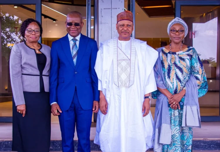 Minister of Information and National Orientation, Alhaji Mohammed Idris (3rd Left); Minister of Sports Development, Sen. John Enoh (2nd Left); Permanent Secretary, Federal Ministry of Information and National Orientation, Dr Ngozi Onwudiwe (1st Left) and Permanent Secretary, Federal Ministry of Sports, Mrs Tinuke Watti (4th Left), when Enoh paid a courtesy visit on Idris in Abuja on Thursday