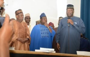 From left: Dr Umar Ganduje, APC National Chairman; Senator George Akume, Secretary to the Government of the Federation; and Amb Nicholas Agbo Ella, Permanent Secretary, Ministry of Petroleum Resources