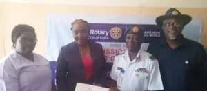 R-L:.Chief Babajide Awesu, President Rotary Club Ogba: Group Capt. Adebayo Eniola Bello, Representative of the Commander 661 Nigeria Air Force Hospital; Dr Eden Igbage, Consultant Pediatrician and a Staff of the Hospital