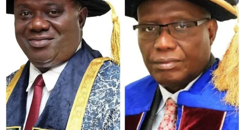 NOUN VC, Prof. Uduma Uduma and immediate past VC, Prof. Olufemi Peters