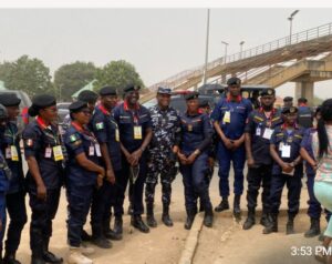 NSCDC FCT Commandant, Dr Olusola Odumosu, with team members while monitoring the council elections on Saturday on Abuja