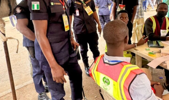 Nigeria Security and Civil Defence Corps (NSCDC) FCT Commandant, Dr Olusola Odumosu, at polling unit in Abuja