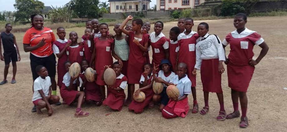 A cross section of female students ready to play rugby