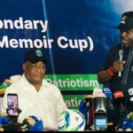 (L-R) Director-General, National Institute for Sports, Philip Shaibu, Chairman of the Sam Okwaraji Foundation, Sen. Osita Izunaso, and the Director-General, National Sports Commission (NSC), Bukola Olopade at the unveiling of the FirstBank Sam Okwaraji U-16 Championship logo in Abuja.(PhotoCredit:NAN)