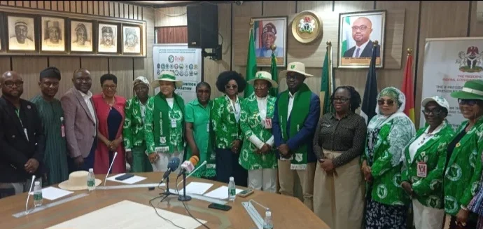 The Minister of Interior, Olubunmi Tunji-Ojo, receives Lami Ahmed, President of the Ladies Golf Association of Nigeria (LGAN), and members of her delegation during a courtesy visit to his office on Wednesday in Abuja. (PhotoCredit:NAN)