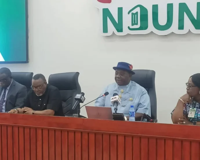 L-R: NOUN Registrar, Oladipo Ajayi; Deputy Vice-Chancellor, Academics, NOUN, Prof. Chiedu Mafiana; NOUN Vice-Chancellor, Uduma Uduma, and Deputy Vice-Chancellor, Technology, Innovation and Research, Prof. Christine Ofulue, at its 15th pre-convocation conference on Tuesday in Abuja.