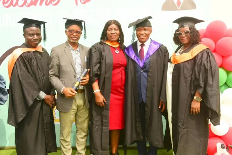 L-R: NAN staff members Isaac Aregbesola, Emmanuel Afonne and Constance Athekame, with Pastor Gabriel Okparaku and Victoria Chimezie of the Federal Radio Corporation of Nigeria, after receiving the Mass Communication MSc certificate at the National Open University of Nigeria, on Saturday in Abuja.