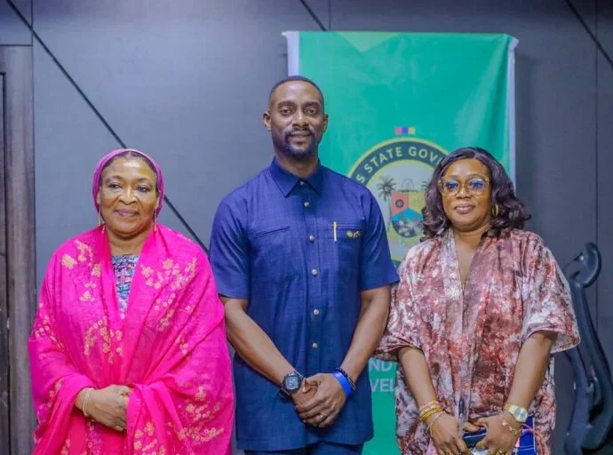 From L-R: Mrs Ifeyinwa Omowole, Managing Editor, Head, NAN Lagos Office, Mr Mobolaji Ogunlende, Commissioner for Youths and Social Development, Mrs Elizabeth Oni, Director, Public Affairs of the ministry at a courtesy visit of NAN to the Ministry on Friday in Lagos.