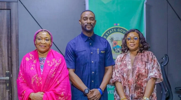 From L-R: Mrs Ifeyinwa Omowole, Managing Editor, Head, NAN Lagos Office, Mr Mobolaji Ogunlende, Commissioner for Youths and Social Development, Mrs Elizabeth Oni, Director, Public Affairs of the ministry at a courtesy visit of NAN to the Ministry on Friday in Lagos.