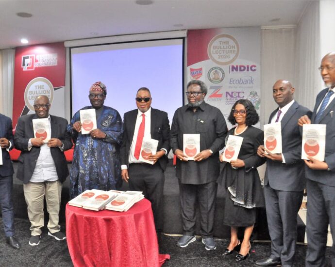 L-R: Gbolahan Bello, Managing Director, Calyx Securities Ltd; Prof. Akpan Ekpo, Chairman, Centre for Financial Journalism; Otunba Kelvin Dele Oye, Chairman of the occasion/former President, NACCIMA; Barr. Bola Ashaolu, Chief Presenter of the book, "Pathways to Nigeria's Socio-Economic Transformation"; Prof. Nnanyelugo Ike-Muonso, Guest lecturer and Director General/CEO, Raw Materials Research and Development Council; Adedayo Olukoya, Director, Bank Examination Department, Nigeria Deposit Insurance Corporation (NDIC); Usman Okpanachi, Director, Statistics, Central Bank of Nigeria, and Kasimu Garba Kurfi, Managing Director and Chief Executive Officer of APT Securities and Funds Limited, during the Bullion Lecture 2026, organised by Centre for Financial Journalism, in Lagos, on Thursday