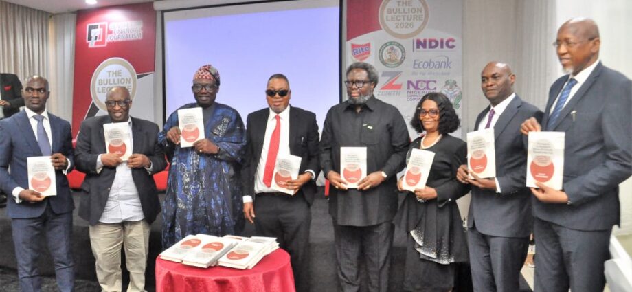 L-R: Gbolahan Bello, Managing Director, Calyx Securities Ltd; Prof. Akpan Ekpo, Chairman, Centre for Financial Journalism; Otunba Kelvin Dele Oye, Chairman of the occasion/former President, NACCIMA; Barr. Bola Ashaolu, Chief Presenter of the book, "Pathways to Nigeria's Socio-Economic Transformation"; Prof. Nnanyelugo Ike-Muonso, Guest lecturer and Director General/CEO, Raw Materials Research and Development Council; Adedayo Olukoya, Director, Bank Examination Department, Nigeria Deposit Insurance Corporation (NDIC); Usman Okpanachi, Director, Statistics, Central Bank of Nigeria, and Kasimu Garba Kurfi, Managing Director and Chief Executive Officer of APT Securities and Funds Limited, during the Bullion Lecture 2026, organised by Centre for Financial Journalism, in Lagos, on Thursday