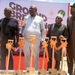 L-R: Dr Patrick Ndiomu, Chairman, Southfield Petroleum Limited; Sen. Heineken Lokpobiri (Ph.D.), Minister of State for Petroleum Resources (Oil); Dr Abdulmalik Halilu, Director, Corporate Services, Nigerian Content Development and Monitoring Board (NCDMB) and Ejiro Dortie, GM, Commercial Ventures Division, NCDMB, at the groundbreaking on Tuesday in Delta.