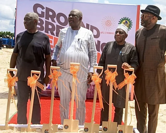 L-R: Dr Patrick Ndiomu, Chairman, Southfield Petroleum Limited; Sen. Heineken Lokpobiri (Ph.D.), Minister of State for Petroleum Resources (Oil); Dr Abdulmalik Halilu, Director, Corporate Services, Nigerian Content Development and Monitoring Board (NCDMB) and Ejiro Dortie, GM, Commercial Ventures Division, NCDMB, at the groundbreaking on Tuesday in Delta.