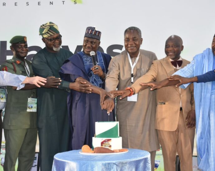 Minister of State for Agricultural and food Security, Dr Aliyu Abdullahi; Executive Director/ Chief Executive Officer, Nigerian Stored Products Research Institute (NSPRI), Prof. Lateef Sanni; and the Chairman, Senate Committee on Agric Colleges and Institutions, Sen. Sarafadeen Alli, during the 2026 Post Harvest Connect, Root, Tuber and Banana Conference in Abuja on Thursday