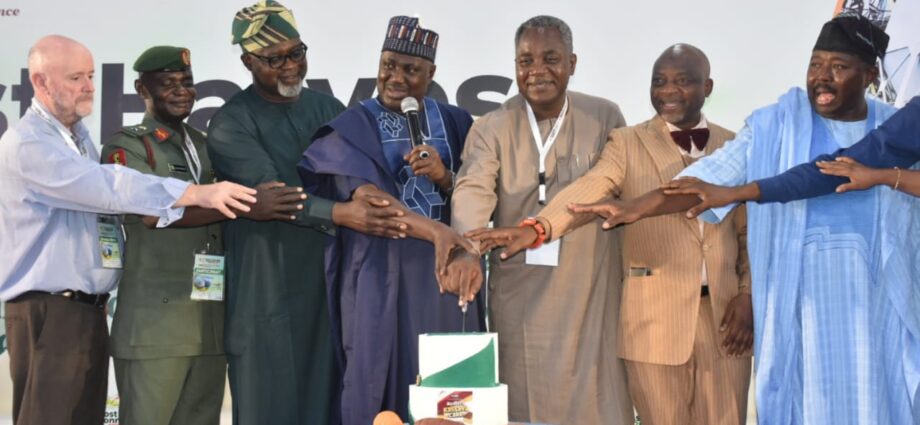 Minister of State for Agricultural and food Security, Dr Aliyu Abdullahi; Executive Director/ Chief Executive Officer, Nigerian Stored Products Research Institute (NSPRI), Prof. Lateef Sanni; and the Chairman, Senate Committee on Agric Colleges and Institutions, Sen. Sarafadeen Alli, during the 2026 Post Harvest Connect, Root, Tuber and Banana Conference in Abuja on Thursday
