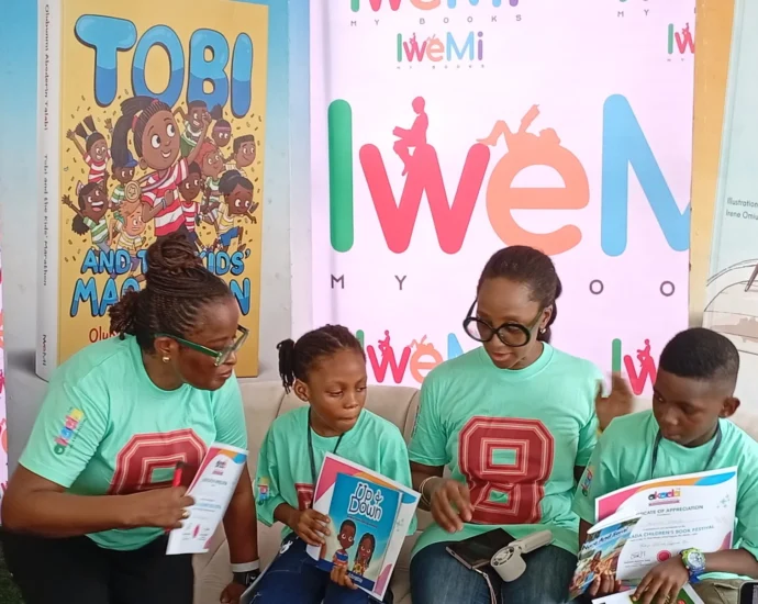 Second from right: Founder of Akada, Mrs Olubunmi Aboderin-Talabi, discuss books at a book festival in Lagos.