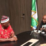 Gov. Otti receiving Prof. Uduma Uduma, the Vice-Chancellor, National Open University of Nigeria (NOUN), in Umuahia
