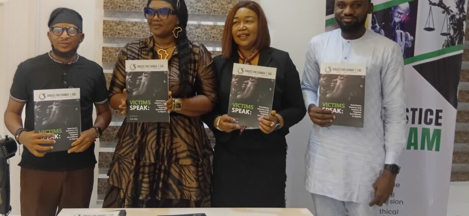 Mrs Victoria Ibezim-Ohaeri, Executive Director, Spaces For Change (2nd from left); Justice Nkem Izuakor, a retired Judge (3rd from left), with civil society actors during the unveiling of the report titled “Victims Speak: Techniques, Patterns and Impacts of Targeted Surveillance in Nigeria” in Abuja.