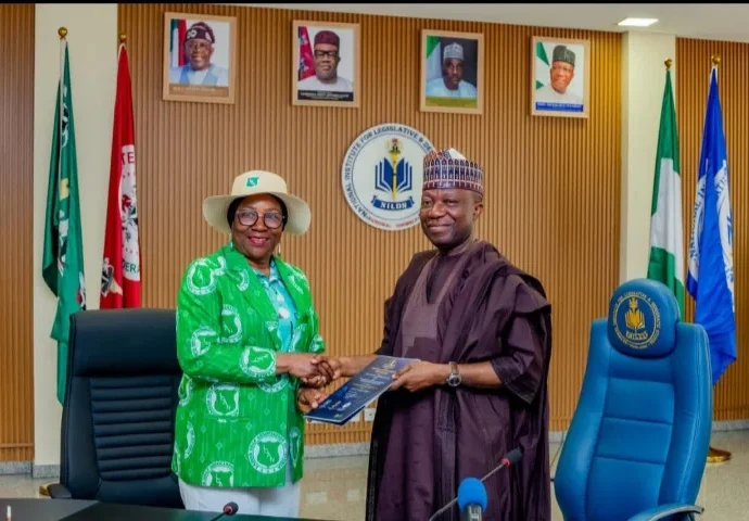 Director-General of NILDS, Prof. Abubakar O. Suliaman and the LGAN President, Dr. Lami Onayi Ahmed during a signing of Memorandum of Understanding (MoU) between both parties at the institute in Abuja on Thursday. (PhotoCredit:NAN)