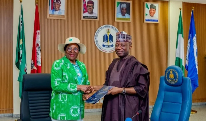 Director-General of NILDS, Prof. Abubakar O. Suliaman and the LGAN President, Dr. Lami Onayi Ahmed during a signing of Memorandum of Understanding (MoU) between both parties at the institute in Abuja on Thursday. (PhotoCredit:NAN)