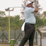 Captain Michael Chidi (MC) Ukaegbu, Captain of Bonny Island Golf Club (BIGC) tees off during a 50th Birthday/Inaugural Golf Tournament organised his honour at the BIGC in Bonny, Rivers State.(PhotoCredit:NAN)