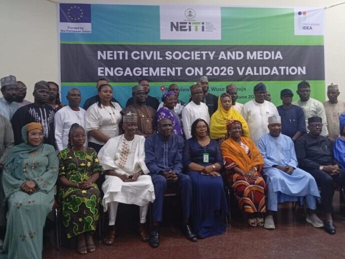 The Executive Secretary of NEITI, Mr Musa Sarkin-Adar (3rd right) with other dignitories and participants at the civil society and media engagement on the forthcoming 2026 Nigeria’s EITI validation