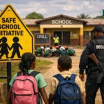 Illustration of school children being guarded by a security