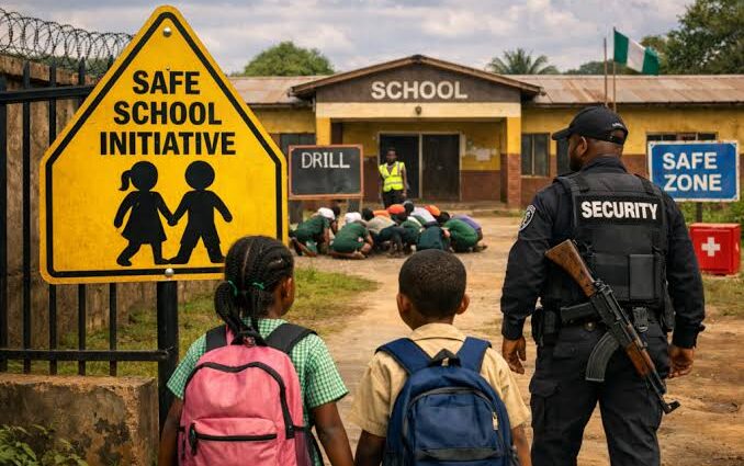Illustration of school children being guarded by a security