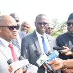 The Chairman of ICPC, Dr Musa Aliyu, SAN (2nd left) with The Managing Director of the FMBN, Mr Shehu Osidi, (1st right) and others during the handing over of 27.92 hectares of forfeited land linked to a diverted 65 million dollars housing project to the Federal Mortgage Bank of Nigeria, on Tuesday in Abuja