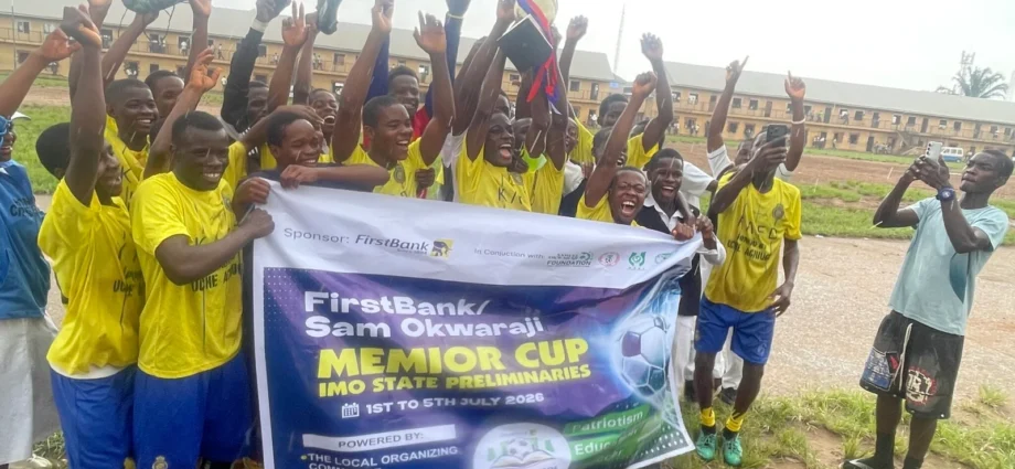 Students of Eziachi Secondary School, Orlu in Imo, lifting the trophy following their victory at the preliminary stage of the First Bank Sam Okwaraji Nigeria U-16 Secondary Schools Football Championship, in Owerri, on Tuesday.